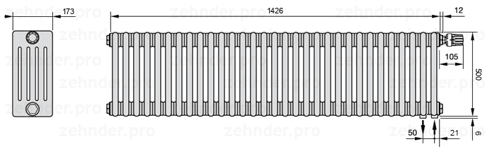 Схема (чертеж) Радиатор Zehnder Charleston 5050/31 №V002 Белый глянцевый RAL 9016